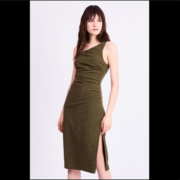 NWT Third Form Drifter Olive Linen Blend One Shoulder Dress Size 4 - Picture 1 of 14